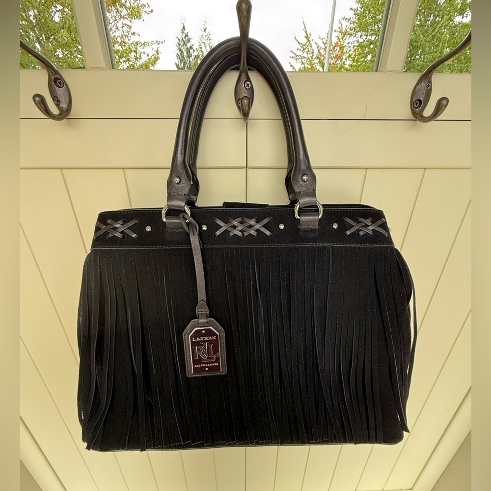 *Rare* Lauren Ralph Lauren Suede Barton Emery Fringed Satchel Tote ~Like New